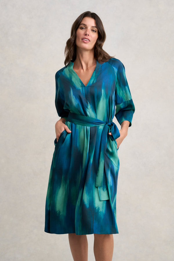 Cocoon Sleeve Printed Dress - Abstract Strokes