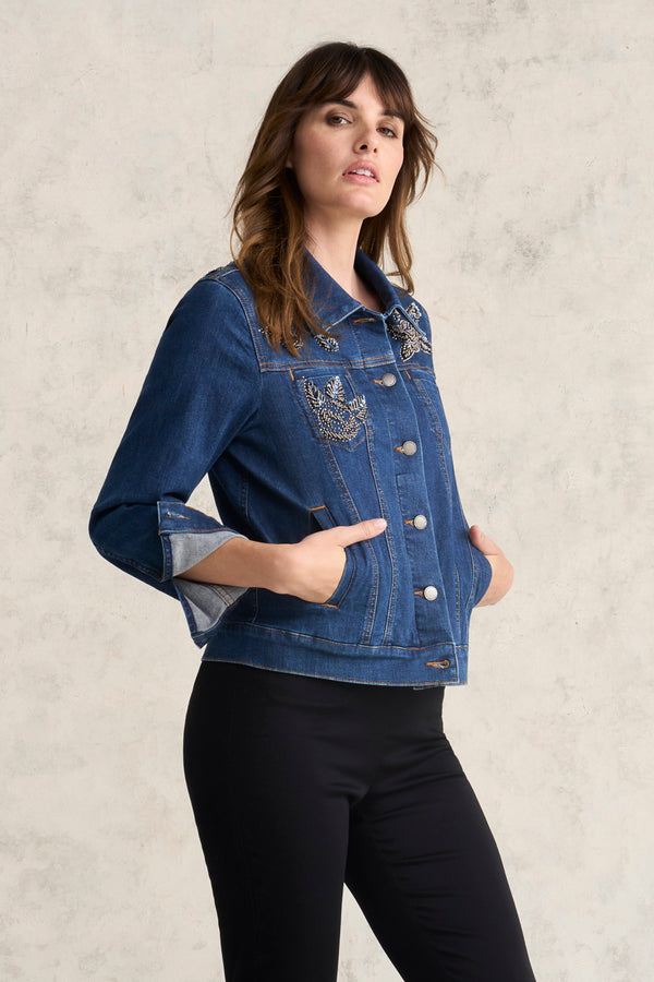 Embellished Denim Jacket - Mid Wash Denim