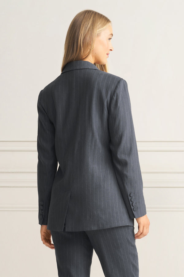 Long Line Linen Jacket - Charcoal Pinstripe