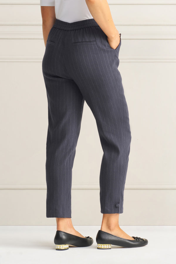 Tab Detail Linen Pant - Charcoal Pinstripe