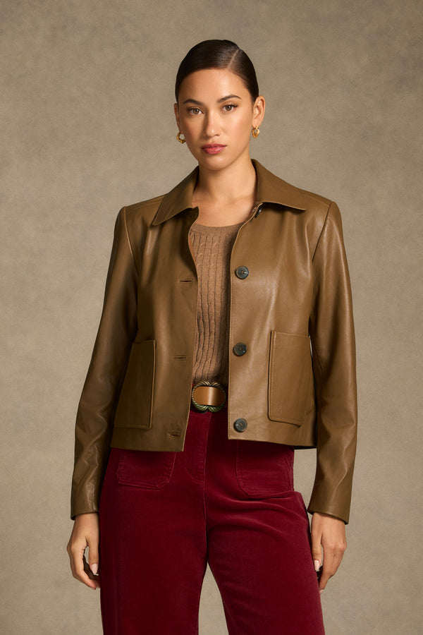 Buttoned Leather Jacket - Tan