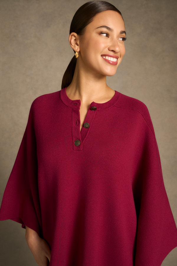 Button Detail Poncho - Wine