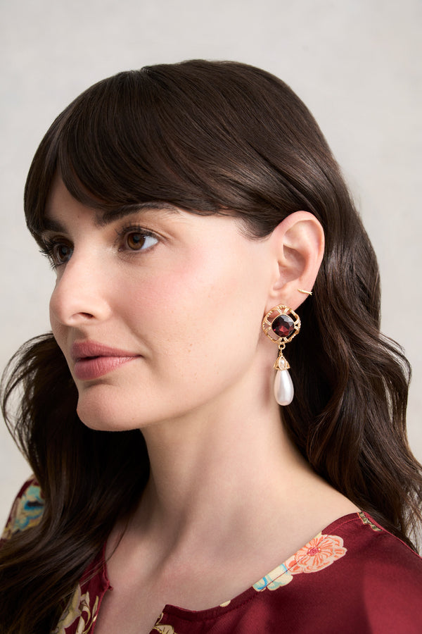 Gem & Pearl Drop Earrings - Gold
