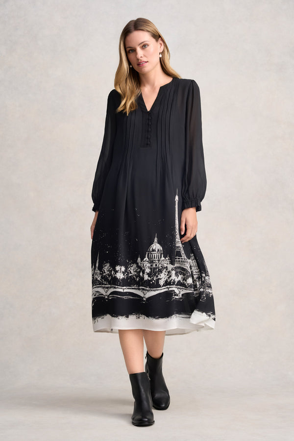 PINTUCK DRESS - EIFFEL BORDER PRINT