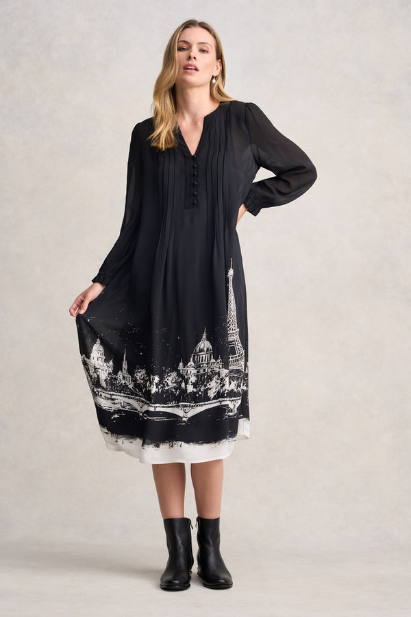 PINTUCK DRESS - EIFFEL BORDER PRINT