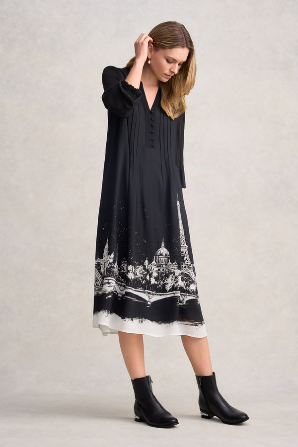 PINTUCK DRESS - EIFFEL BORDER PRINT