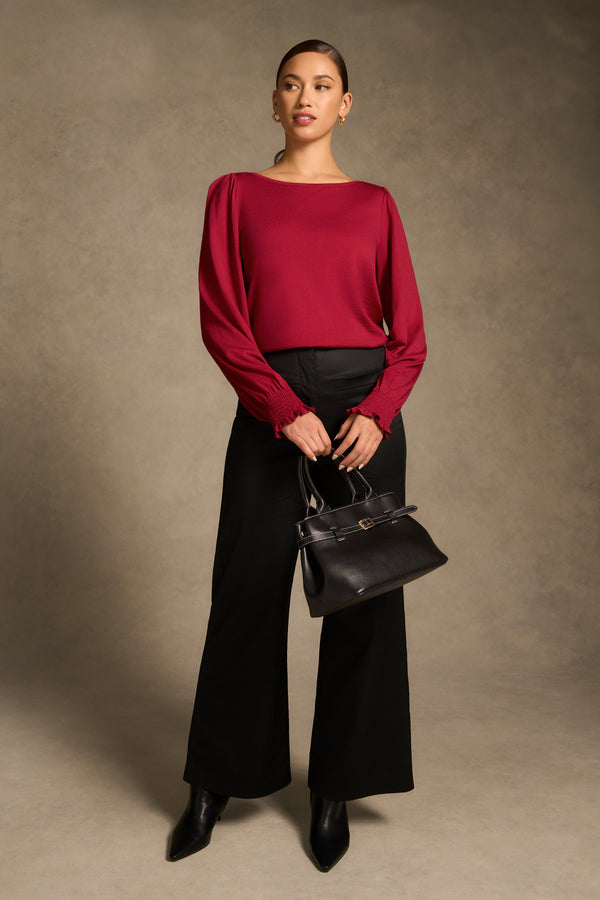 Shirred Cuff Merino Top - Crimson
