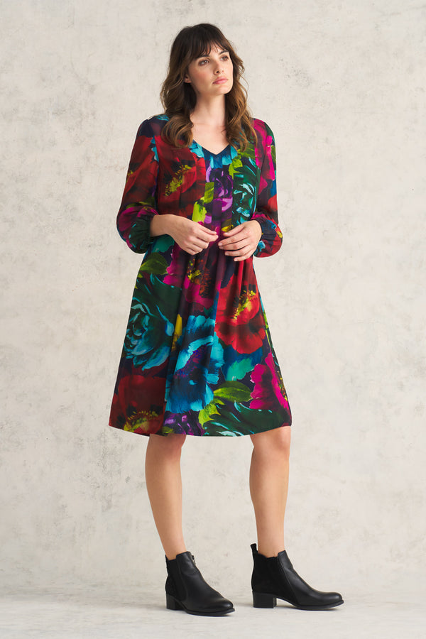 Pleated Georgette Dress - Oversized Floral Print