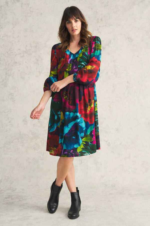 Pleated Georgette Dress - Oversized Floral Print