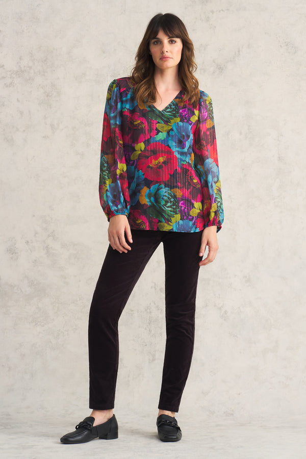 Printed Lurex Stripe Blouse - Oversized Floral Print