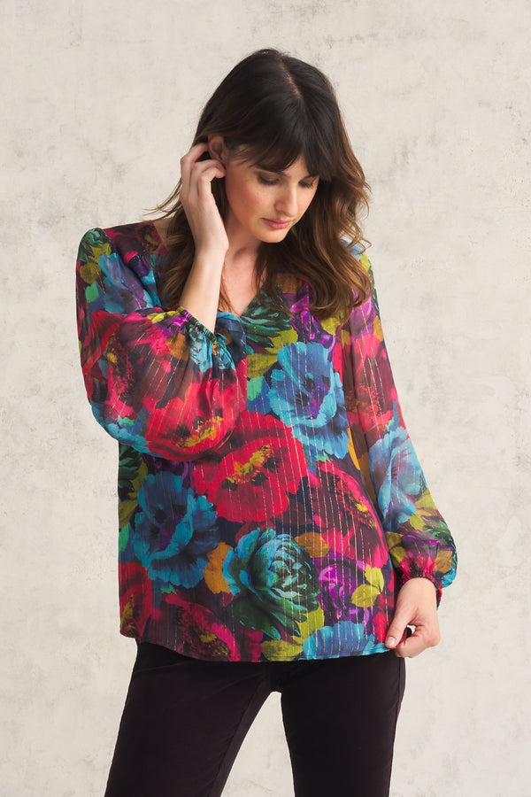 Printed Lurex Stripe Blouse - Oversized Floral Print