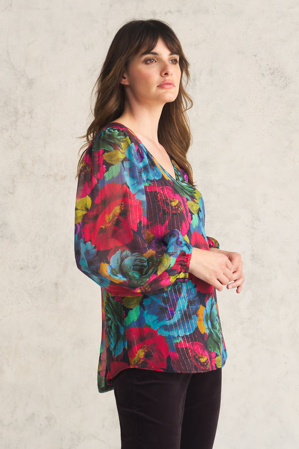 Printed Lurex Stripe Blouse - Oversized Floral Print