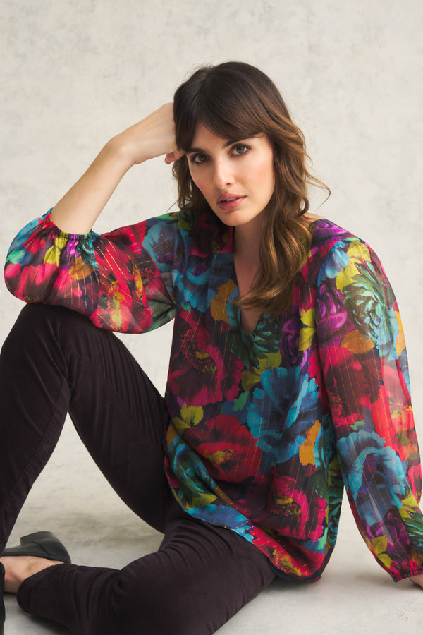 Printed Lurex Stripe Blouse - Oversized Floral Print