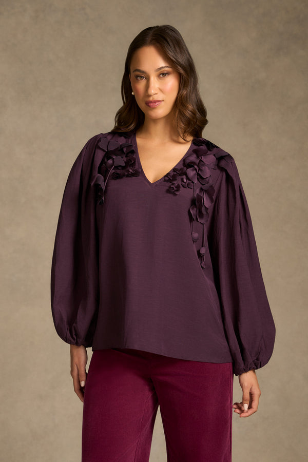 Floral Appliqué Blouse - Cherry
