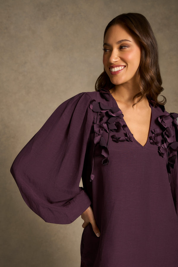 Floral Appliqué Blouse - Cherry
