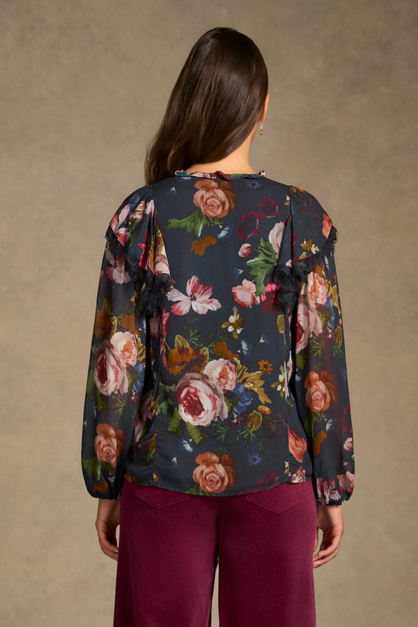 Frill Detail Printed Blouse - Ink Botanic Print