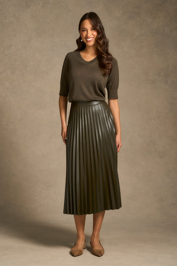 Pleated Faux Leather Skirt - Olive