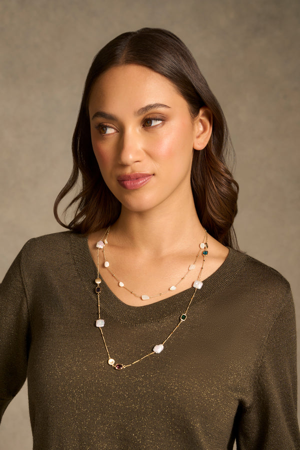 Pearl and Stone Layered Necklace - Multicolour