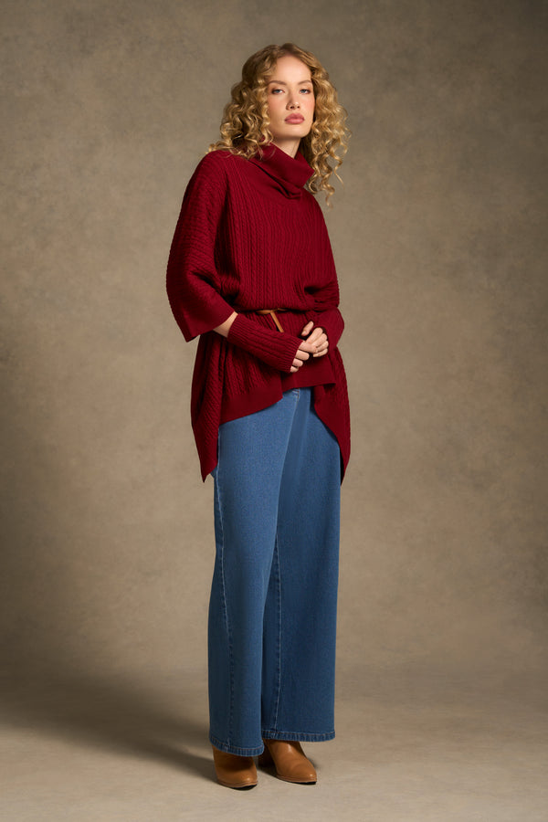 Catriona Cable Poncho - Red