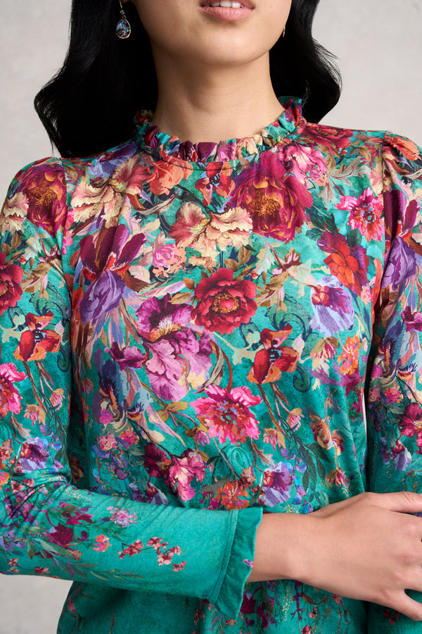 Soft Frill Detail Top - Jade Botanical Print