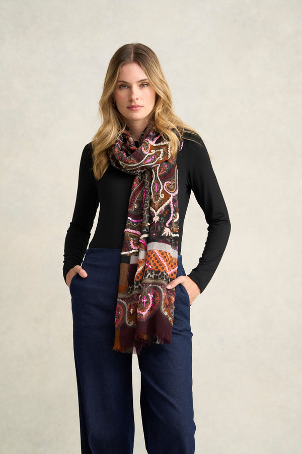 Maroon Paisley Wool Scarf - Multicolour