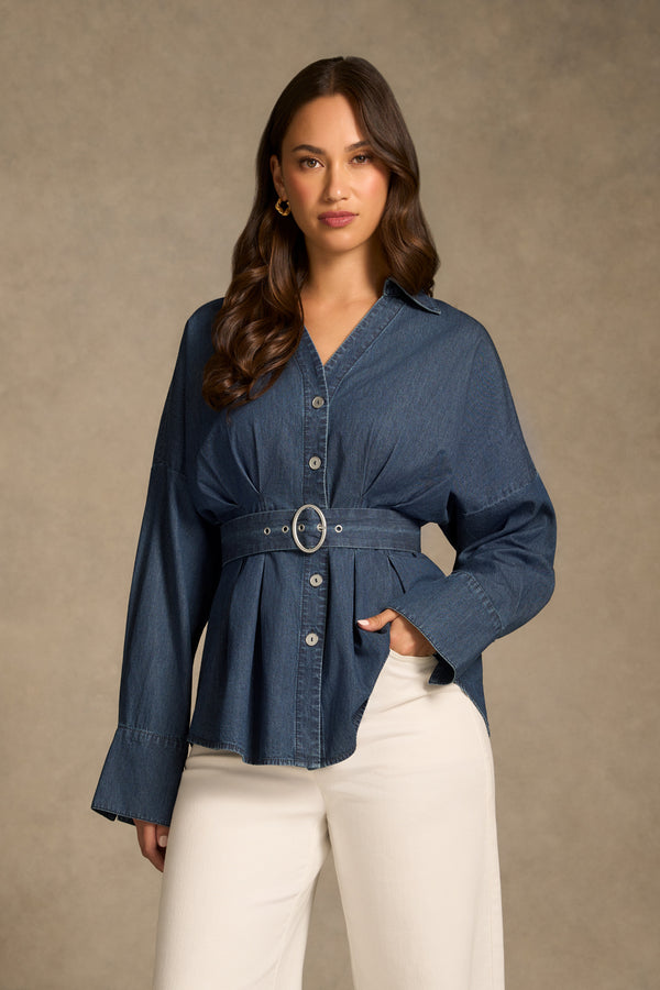 Chambray Belted Shirt - Dark Wash Denim
