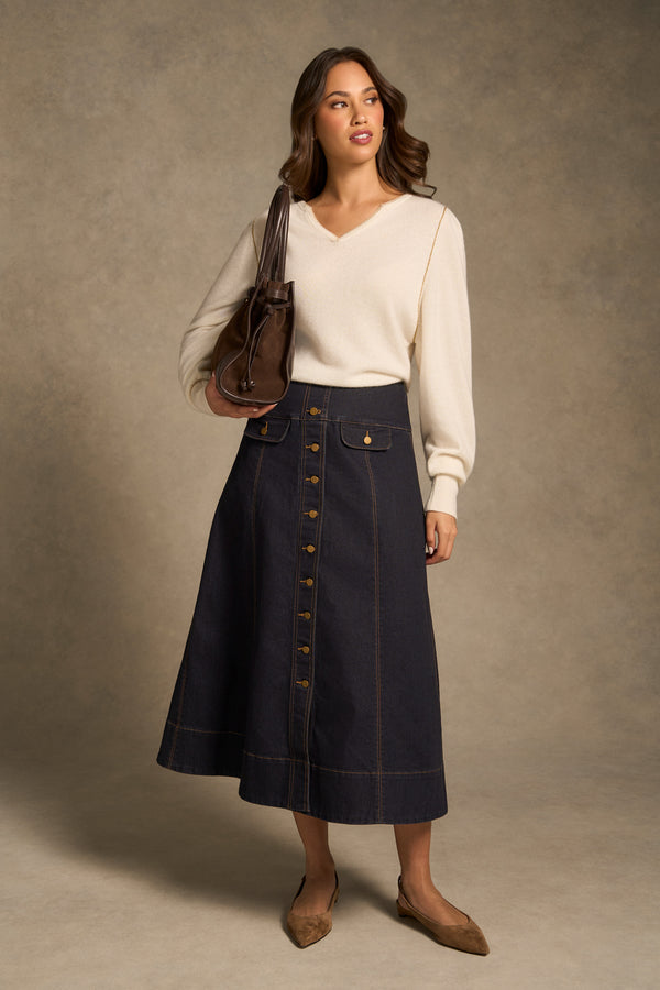 Button Front Denim Skirt - Dark Denim