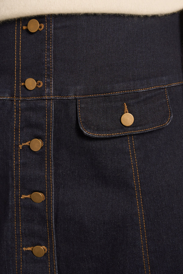 Button Front Denim Skirt - Dark Denim