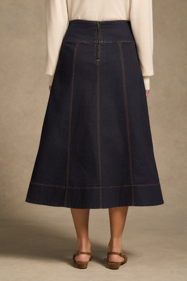 Button Front Denim Skirt - Dark Denim