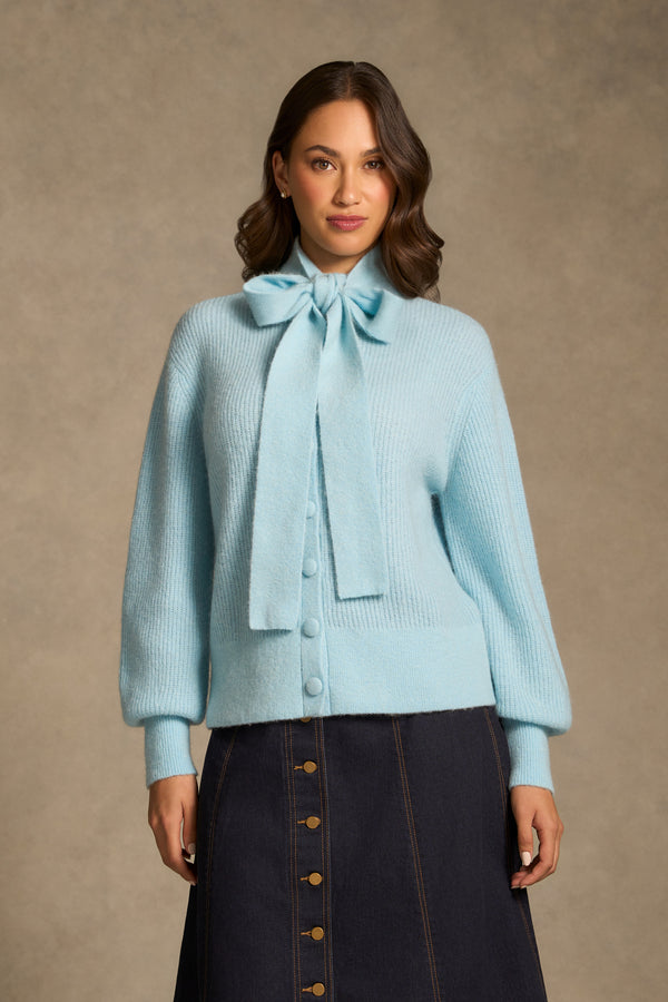 Tie Neck Mohair Cardigan - Crystal Blue