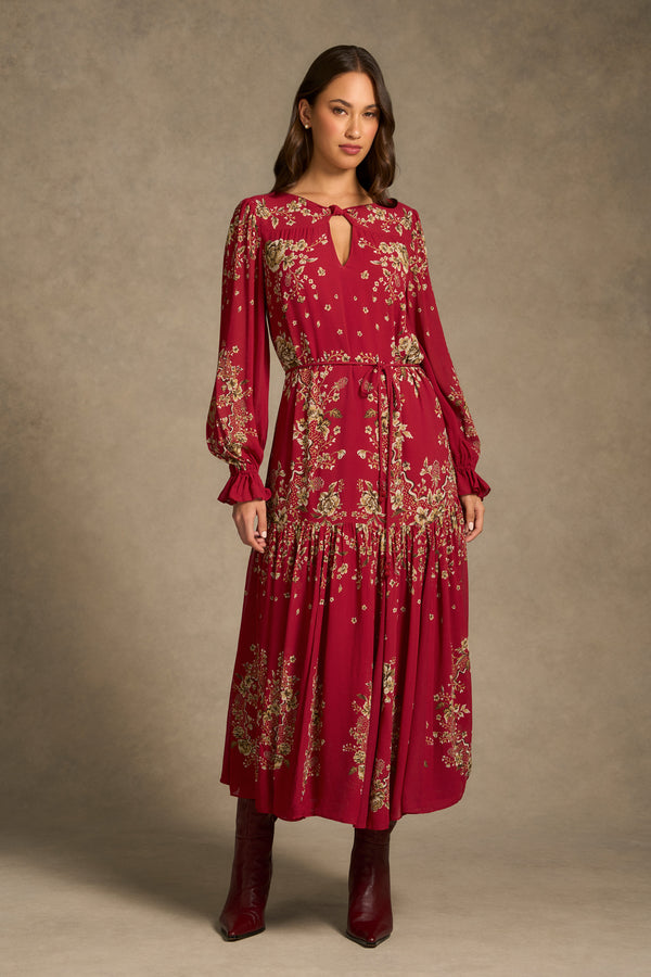 Knot Neck Midi Dress - Crimson Bloom Print