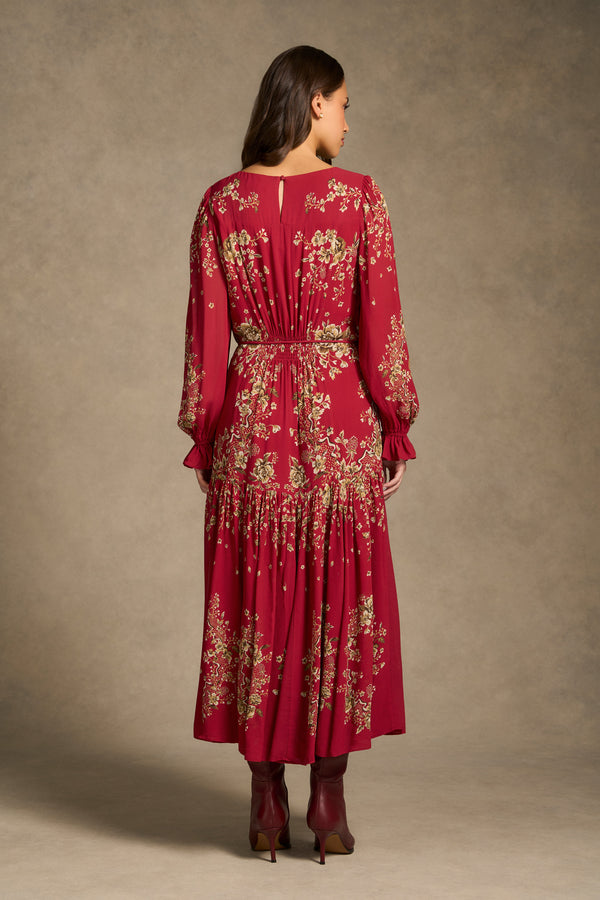 Knot Neck Midi Dress - Crimson Bloom Print