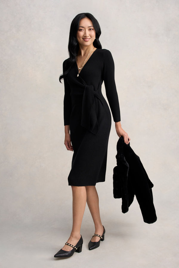 Wrap Detail Knit Dress - Black