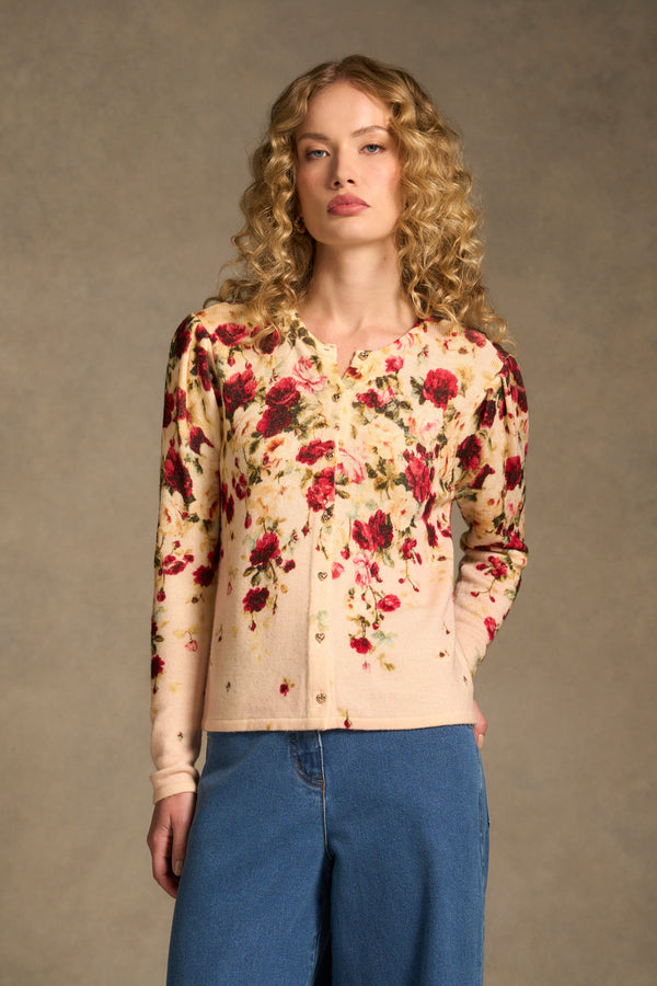 Printed Wool Cardigan - Sweet Blossoms Print
