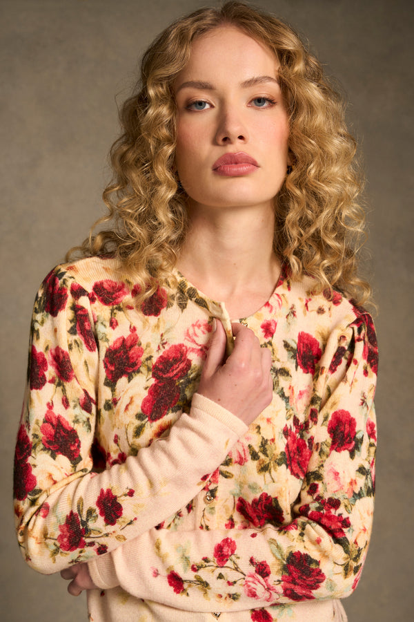 Printed Wool Cardigan - Sweet Blossoms Print