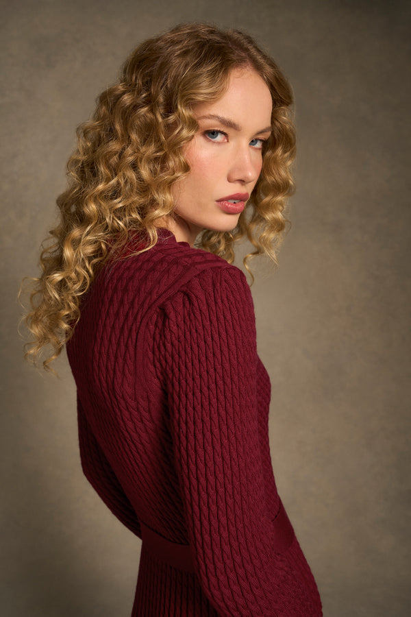 Wool Cable Knit Dress - Claret