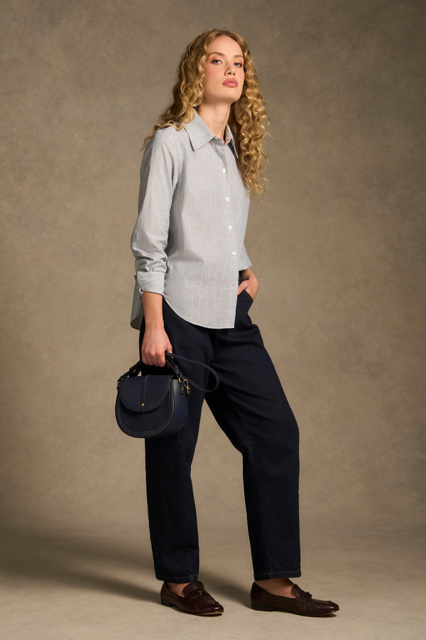 Lurex Stripe Shirred Shirt - Navy & White Pinstripe