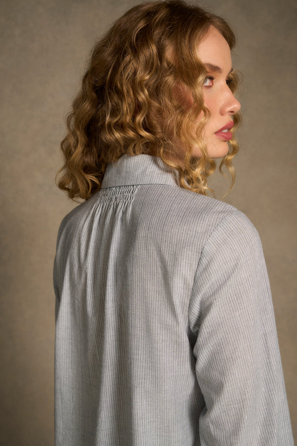Lurex Stripe Shirred Shirt - Navy & White Pinstripe