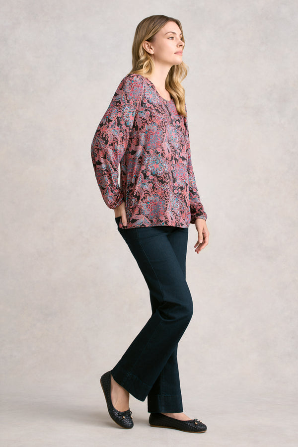 Printed Long Sleeve Scoop Neck Top - Intricate Floral