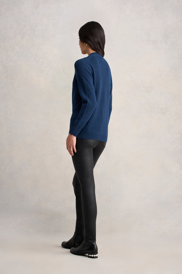 Ribbed V-Neck Wool Jumper - Midnight Blue
