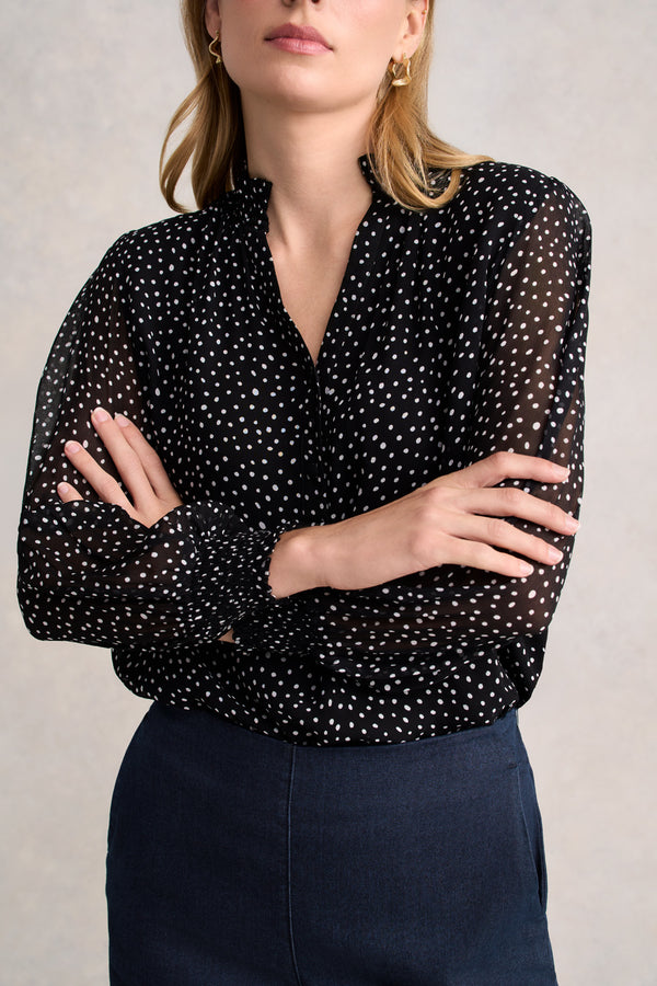 Shirred Georgette Blouse - Black & White Spot