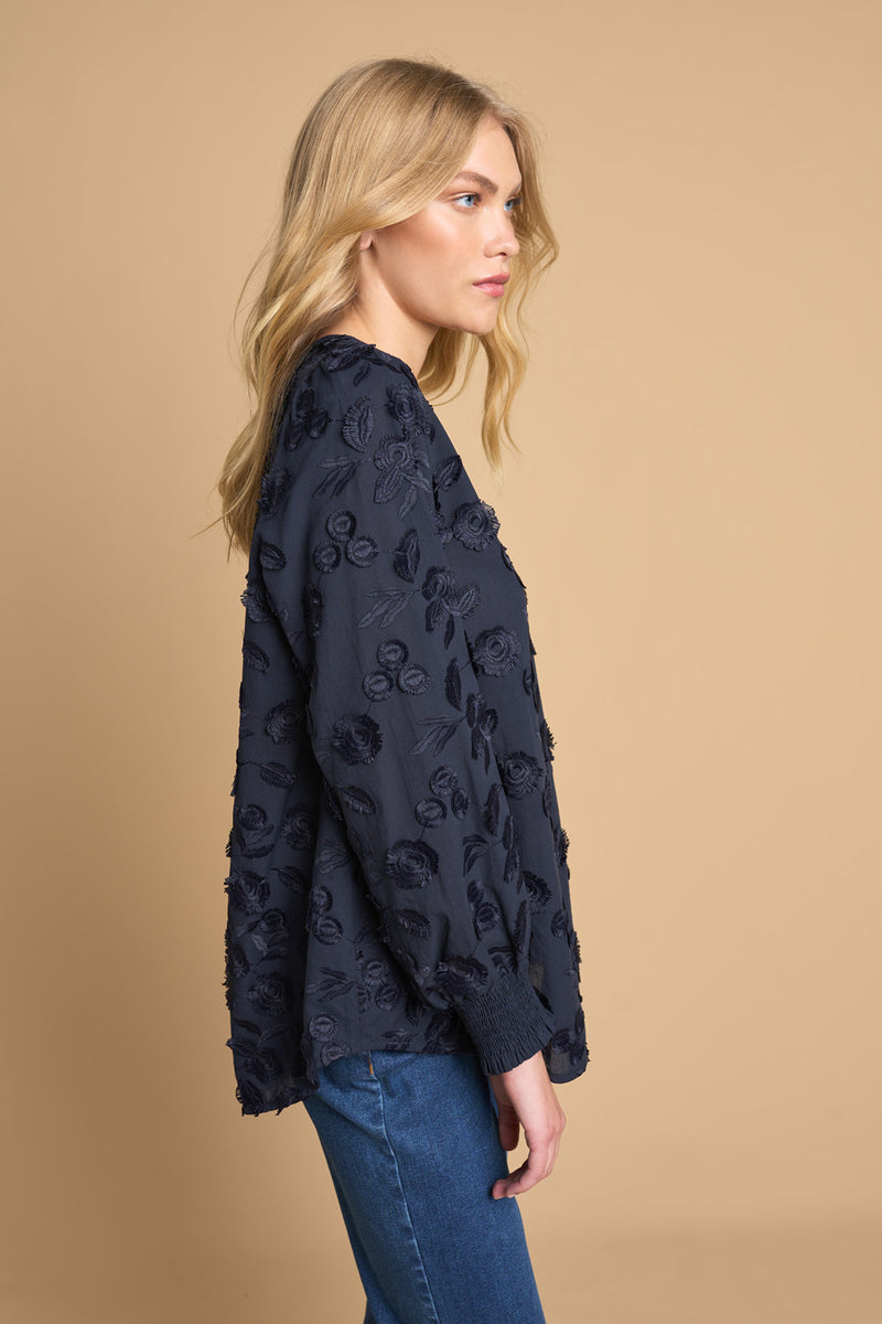 Jacquard Cotton Scallop neck Blouse with Lining, Blue, BH1258