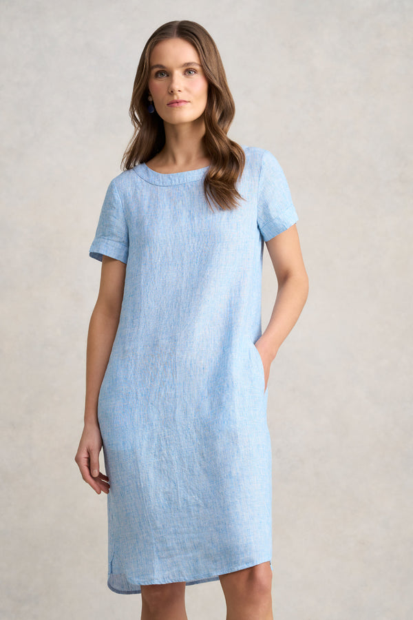 Scoop Neck Linen Dress - Chambray Cross Dye
