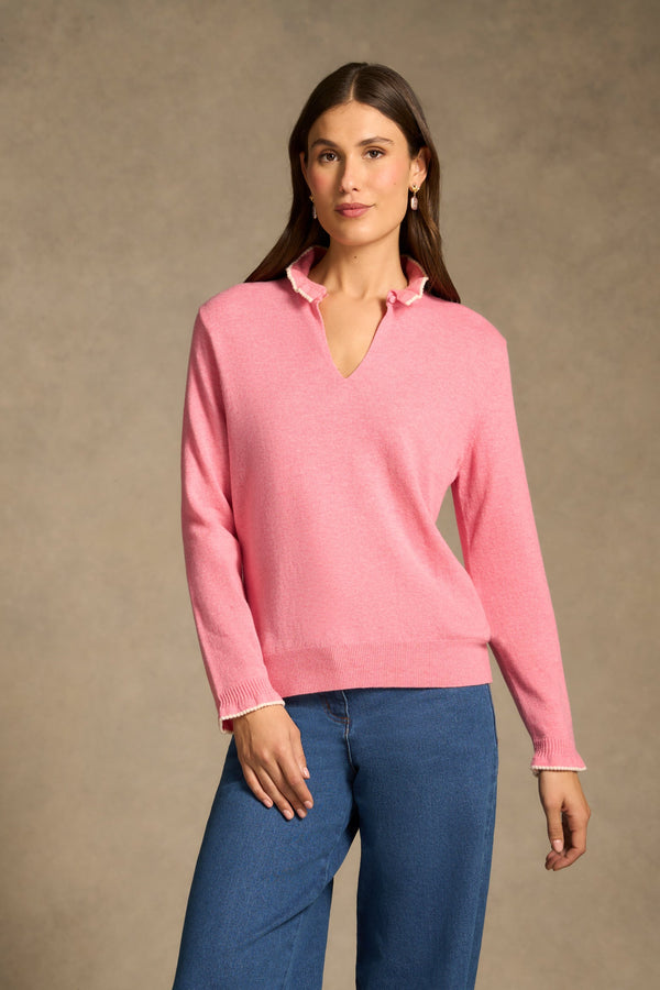 Ruffle Trim Wool Jumper - Rose Pink