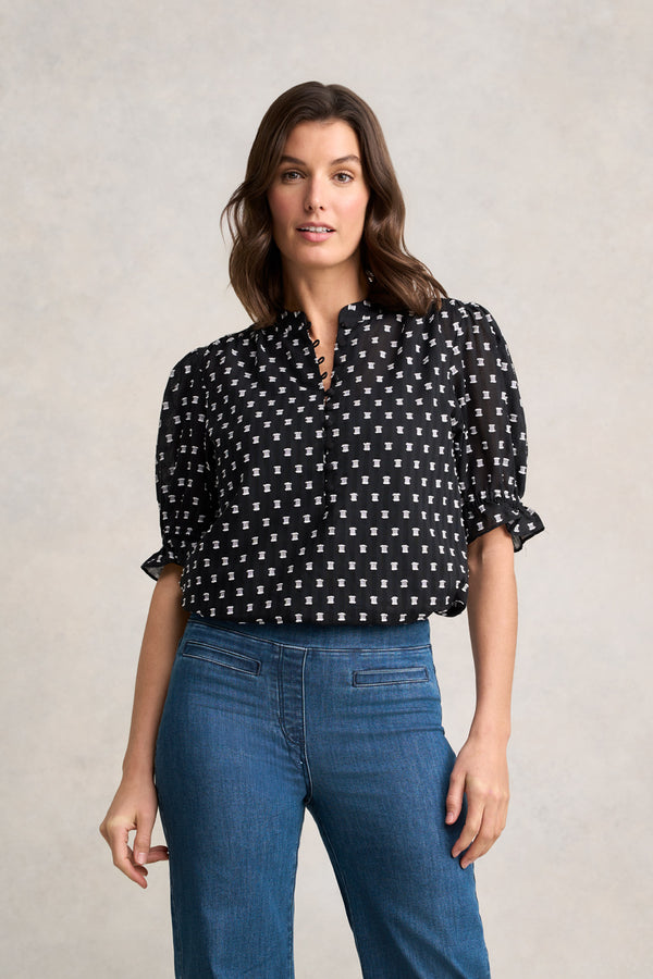 Jacquard Cotton Blouse – Black & White Multi
