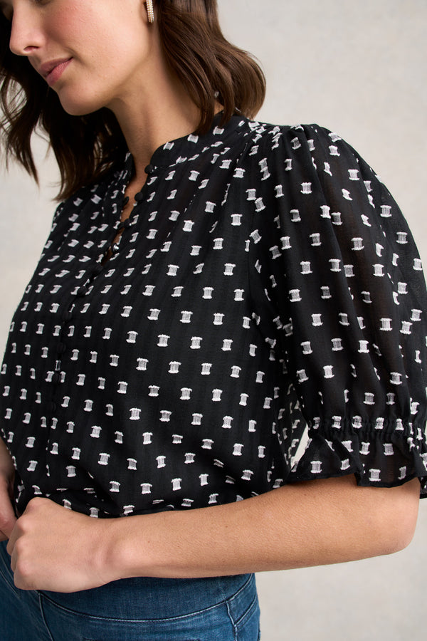 Jacquard Cotton Blouse – Black & White Multi