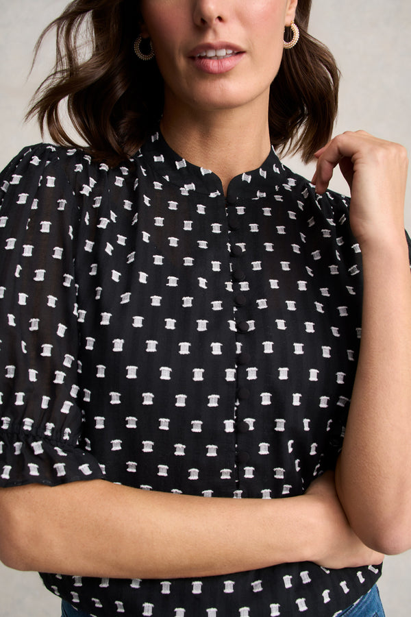 Jacquard Cotton Blouse – Black & White Multi