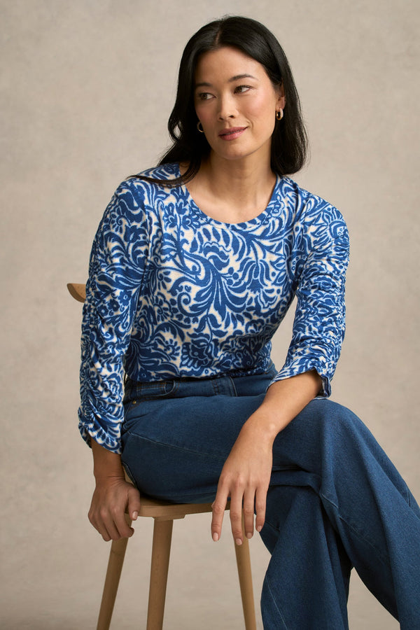 Ruched ¾ Sleeve T-Shirt - Azure Opulence Print