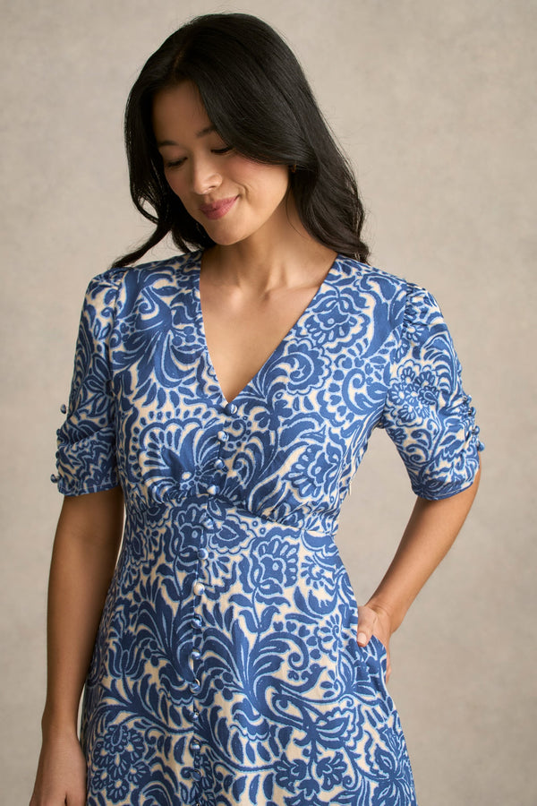 Printed Linen Blend Dress - Azure Opulence Print