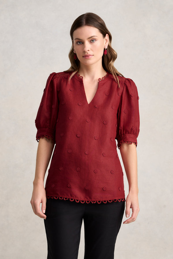 Lace Trim Linen Top – Crimson